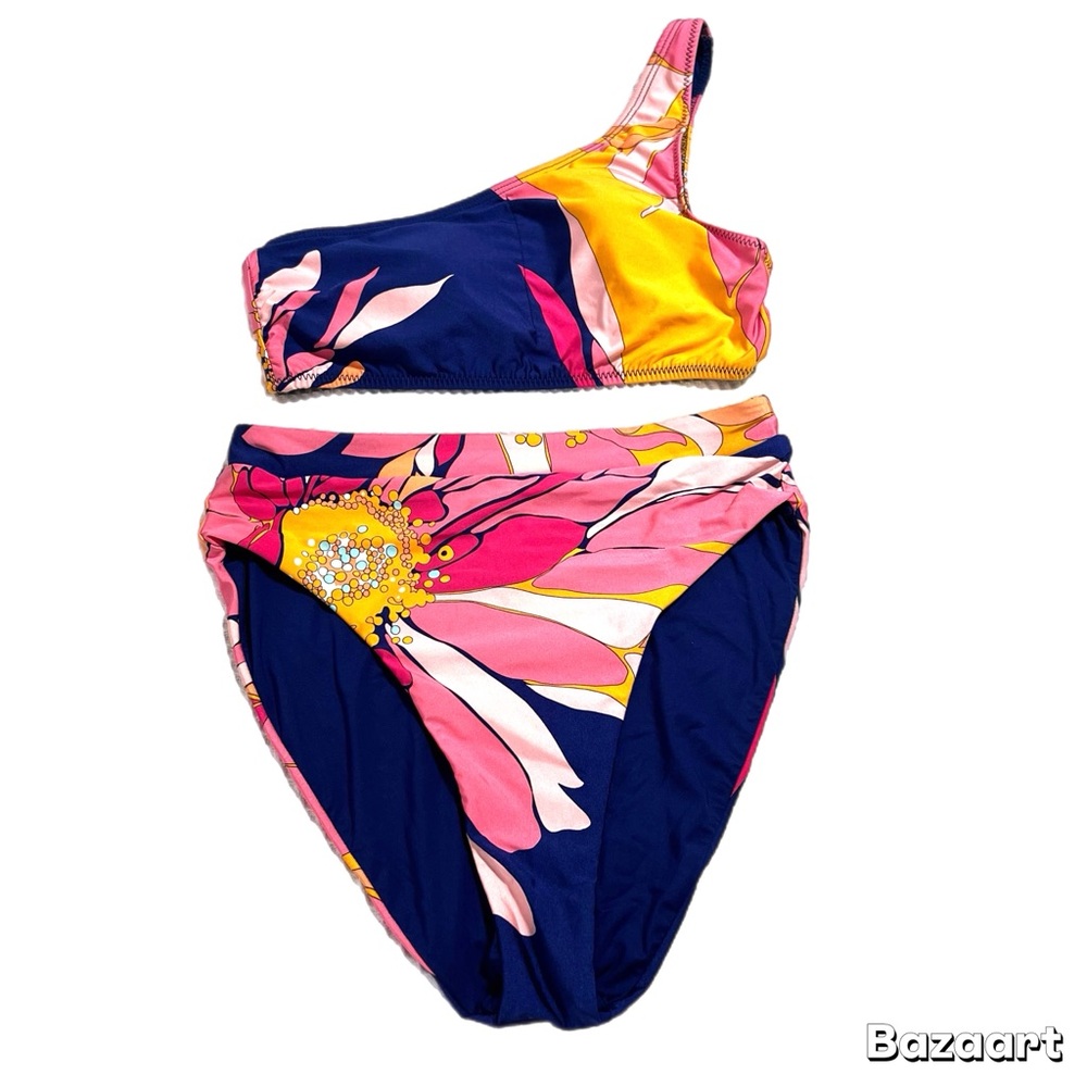 Trina Turk Breeze Two Piece Bikini Swimsuit One Shoulder Asymmetrical Floral